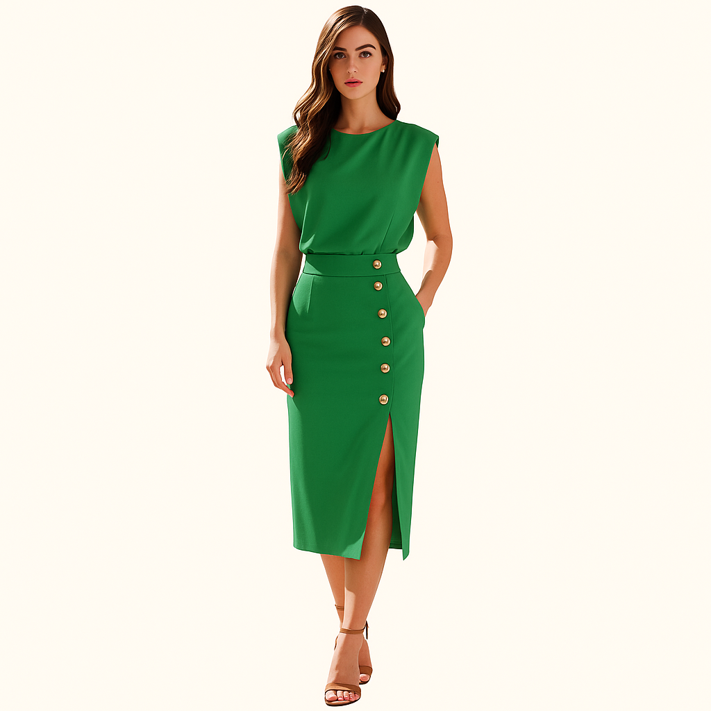 Midi Jurk met Ronde Hals & Knoopslit – Elegant, Comfortabel & Tijdloos