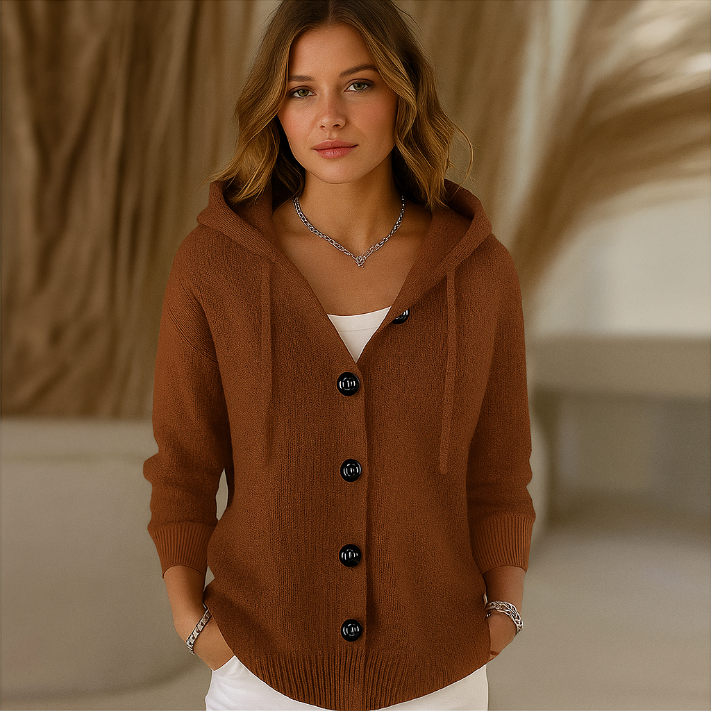Dames Gebreide Hoodie met Lange Mouwen – Modieuze Vestjas met Knopen