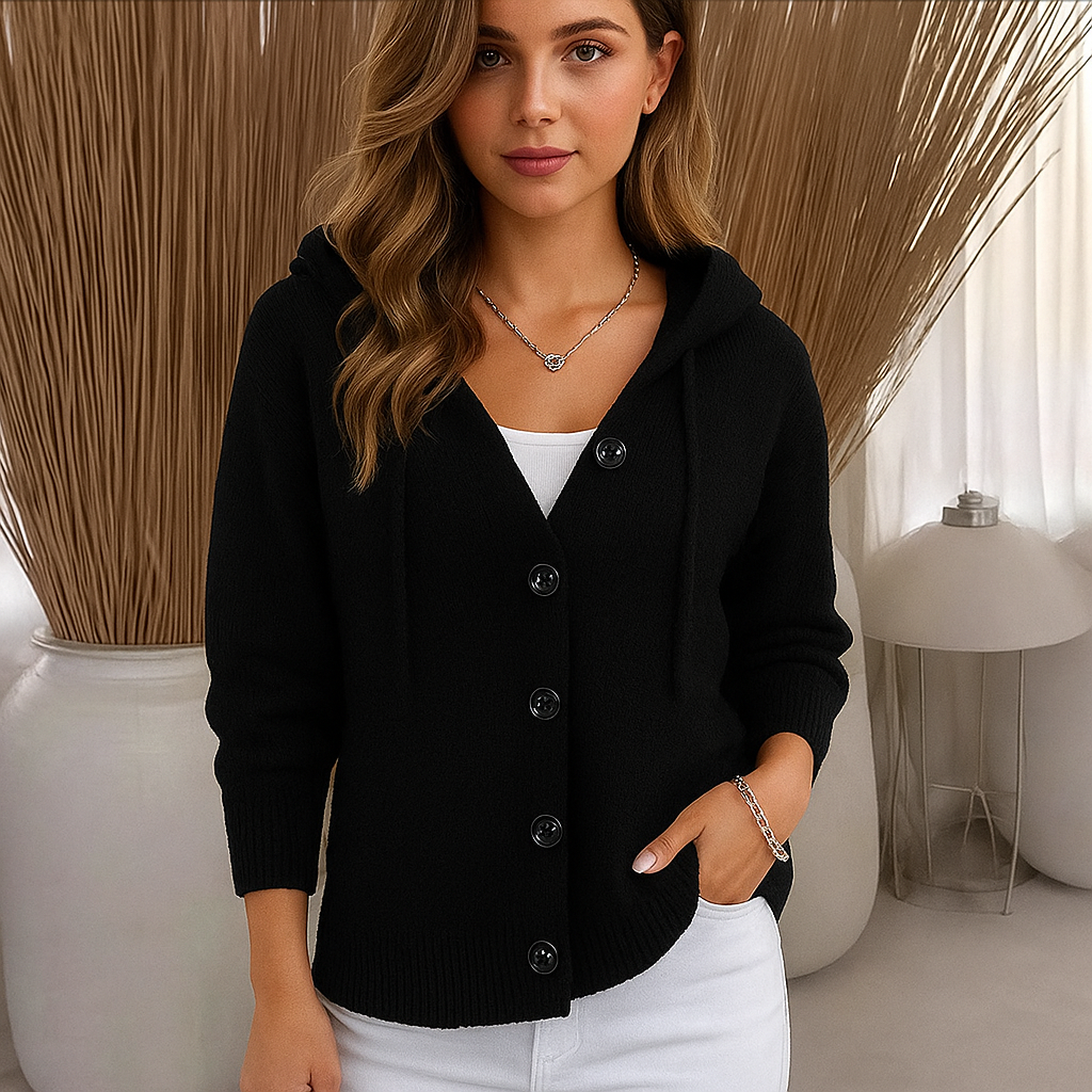 Dames Gebreide Hoodie met Lange Mouwen – Modieuze Vestjas met Knopen