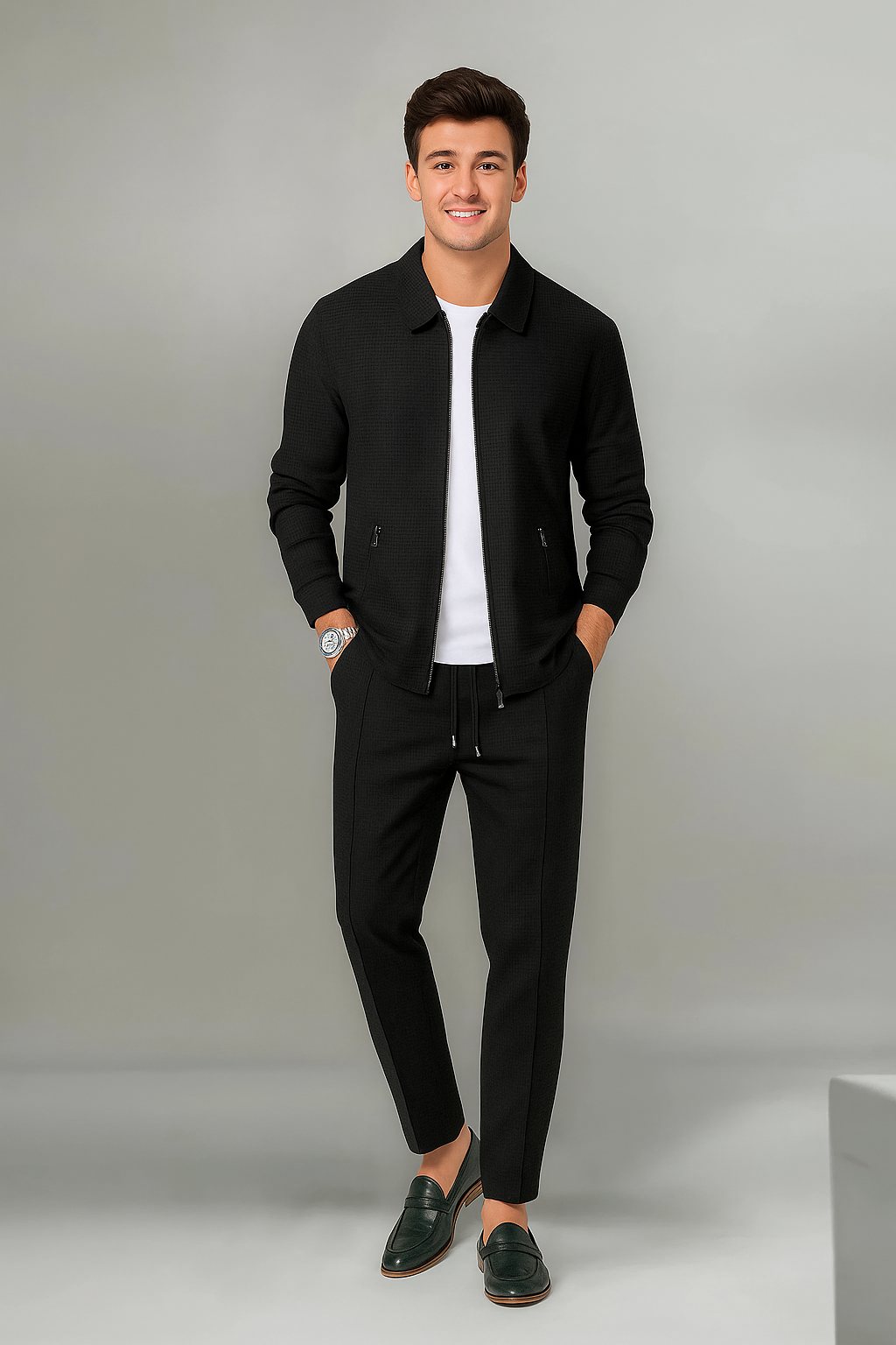 Verfijnde Tweedelige Set – Slim-fit Sportieve Herenoutfit met Jas & Broek 1