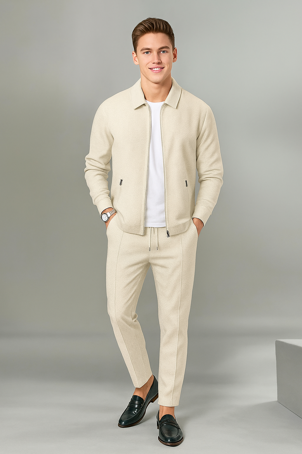 Verfijnde Tweedelige Set – Slim-fit Sportieve Herenoutfit met Jas & Broek 32