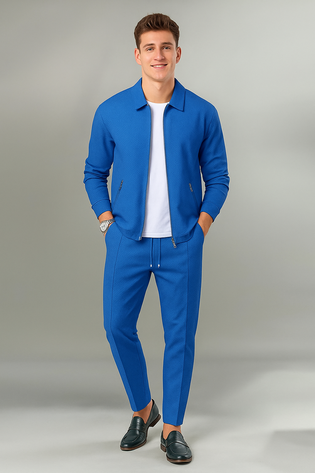 Verfijnde Tweedelige Set – Slim-fit Sportieve Herenoutfit met Jas & Broek 5