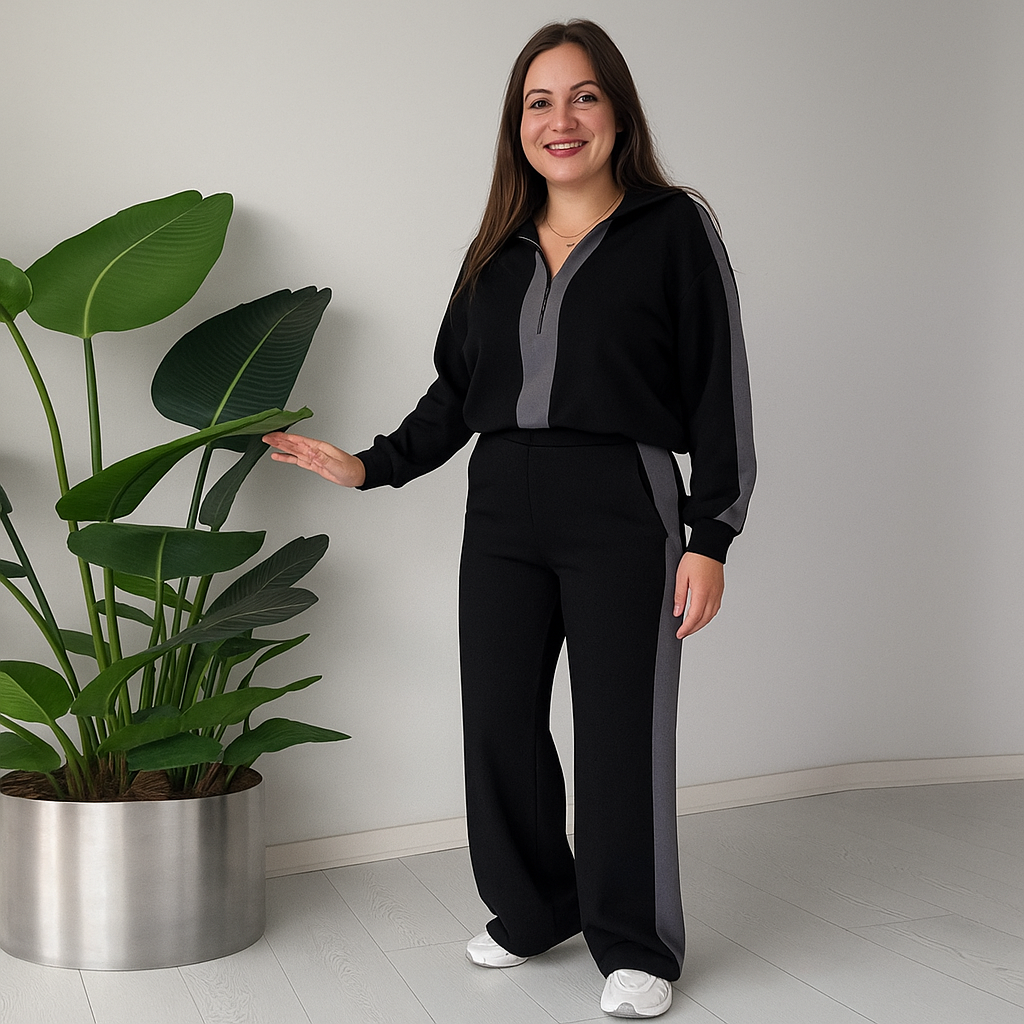 Dames Rits Kraag Tops & Broeken 2-delige Set – Trendy Kleurblok Ontwerp & Comfortabele Pasvorm