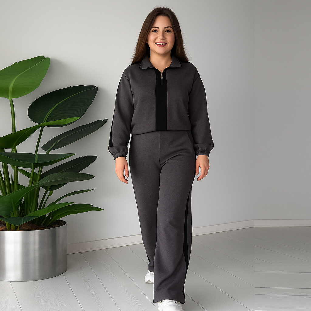 Dames Rits Kraag Tops & Broeken 2-delige Set – Trendy Kleurblok Ontwerp & Comfortabele Pasvorm