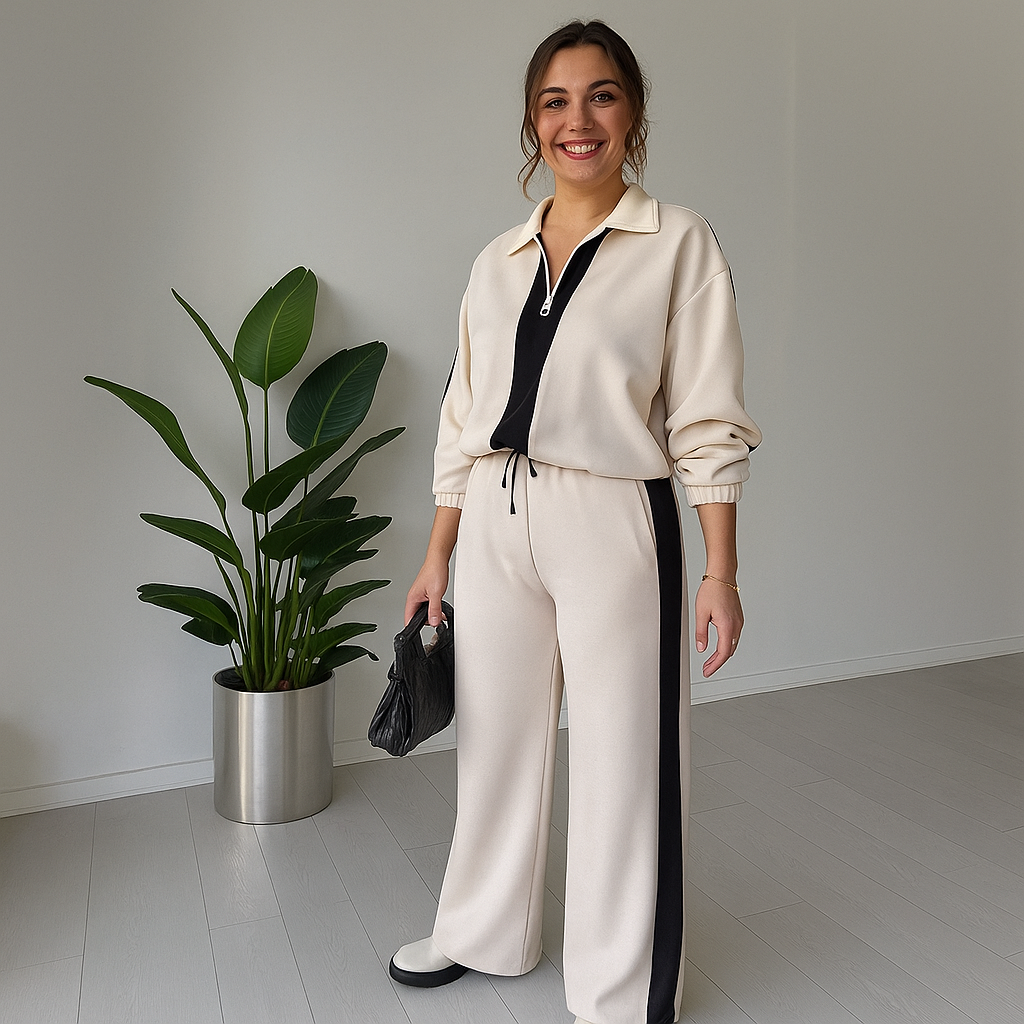 Dames Rits Kraag Tops & Broeken 2-delige Set – Trendy Kleurblok Ontwerp & Comfortabele Pasvorm