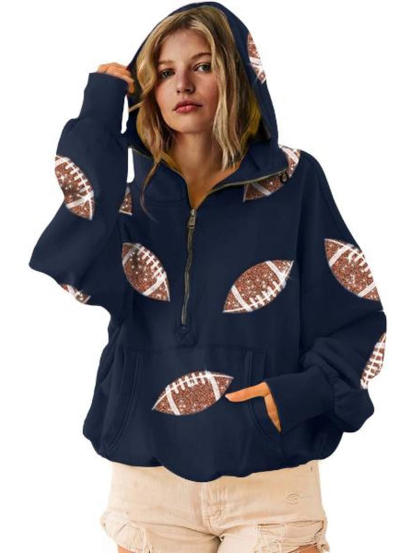 Dames Game Day Hoodie – Glanzende Sequin Football Sweater met Capuchon & Zak