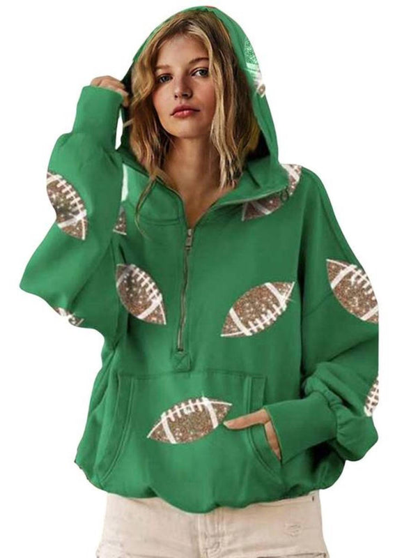 Dames Game Day Hoodie – Glanzende Sequin Football Sweater met Capuchon & Zak