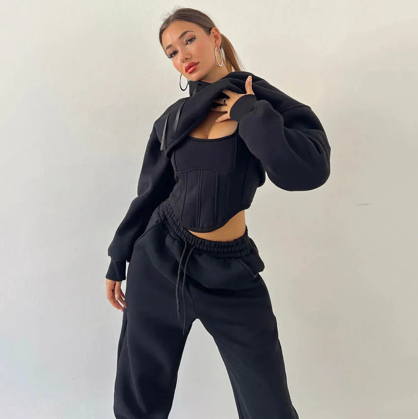Driedelige Loungeset voor Dames – Cropped Hoodie, Tanktop & Enkellange Broek van Zacht Polyester