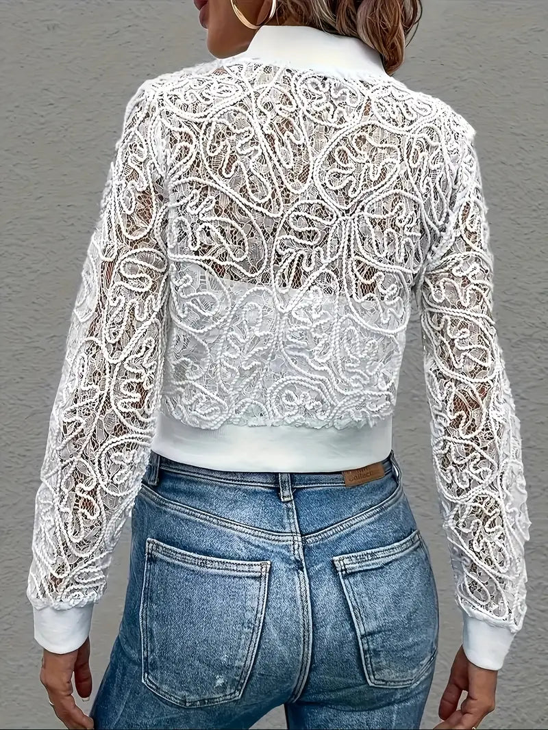 Crop Lace Bomber Jas Dames – Kanten Borduursel, Licht & Trendy Cropped Jacket