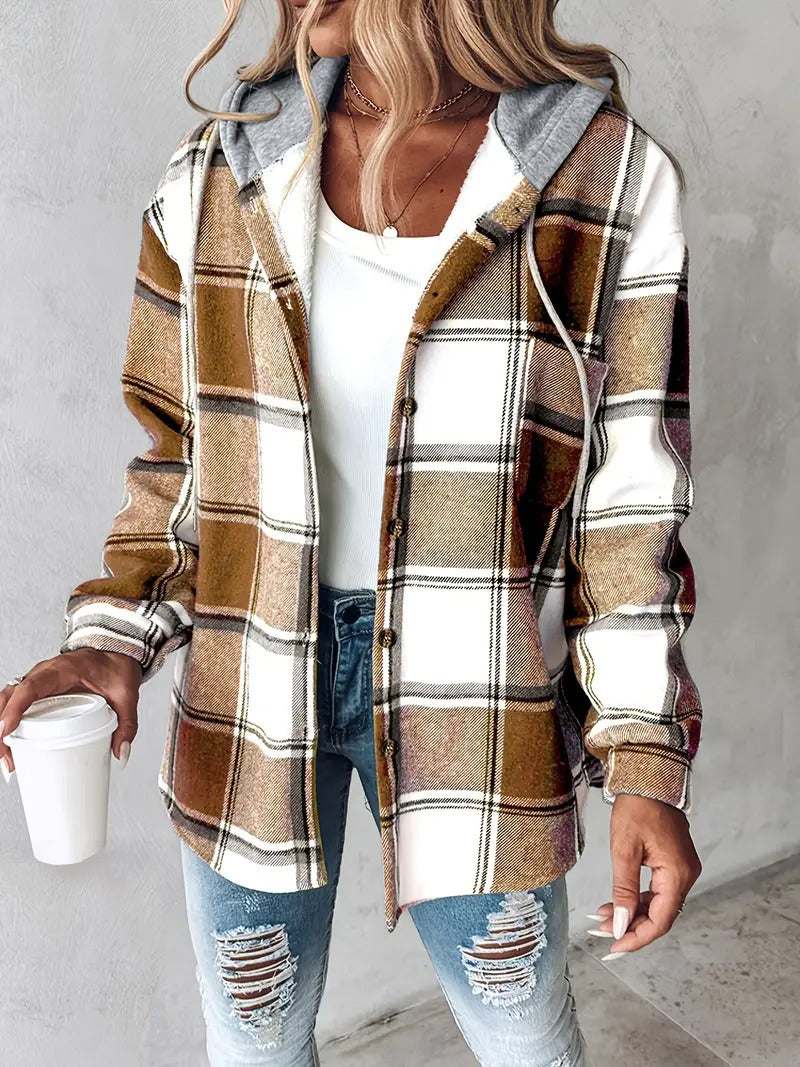 Dames Geruite Jas met Capuchon – Warme Fleece Gevoerde Button-Down Winterjas