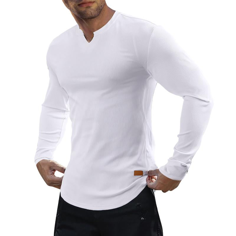Heren Slim Fit Geribd Longsleeve Shirt – Casual Katoenen V-hals Top