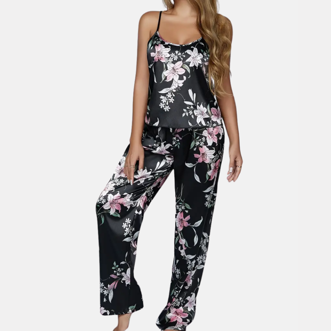 Dames Zijdeachtige Pyjamaset – Effen Cami Top met Ronde Hals & Elastische Broek voor Dagelijks Comfort
