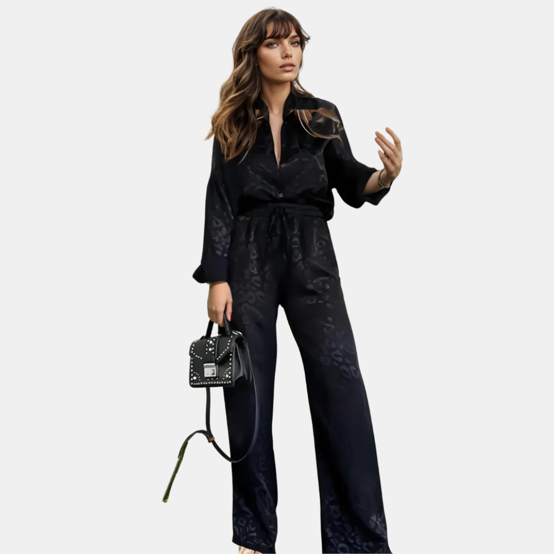 Elegante Satijnen Dames Pyjamaset – Blouse met Kraag & Wijde Pijpen Broek