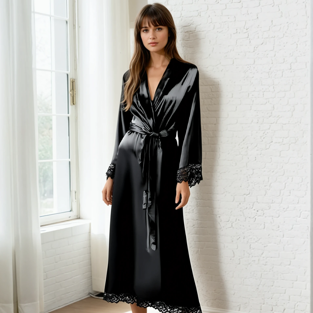 Luxe Zijde Satijn Kant Lange Badjas – Elegante Bruiloft, Bruidsmeisje & Lingerie Kamerjas voor Dames