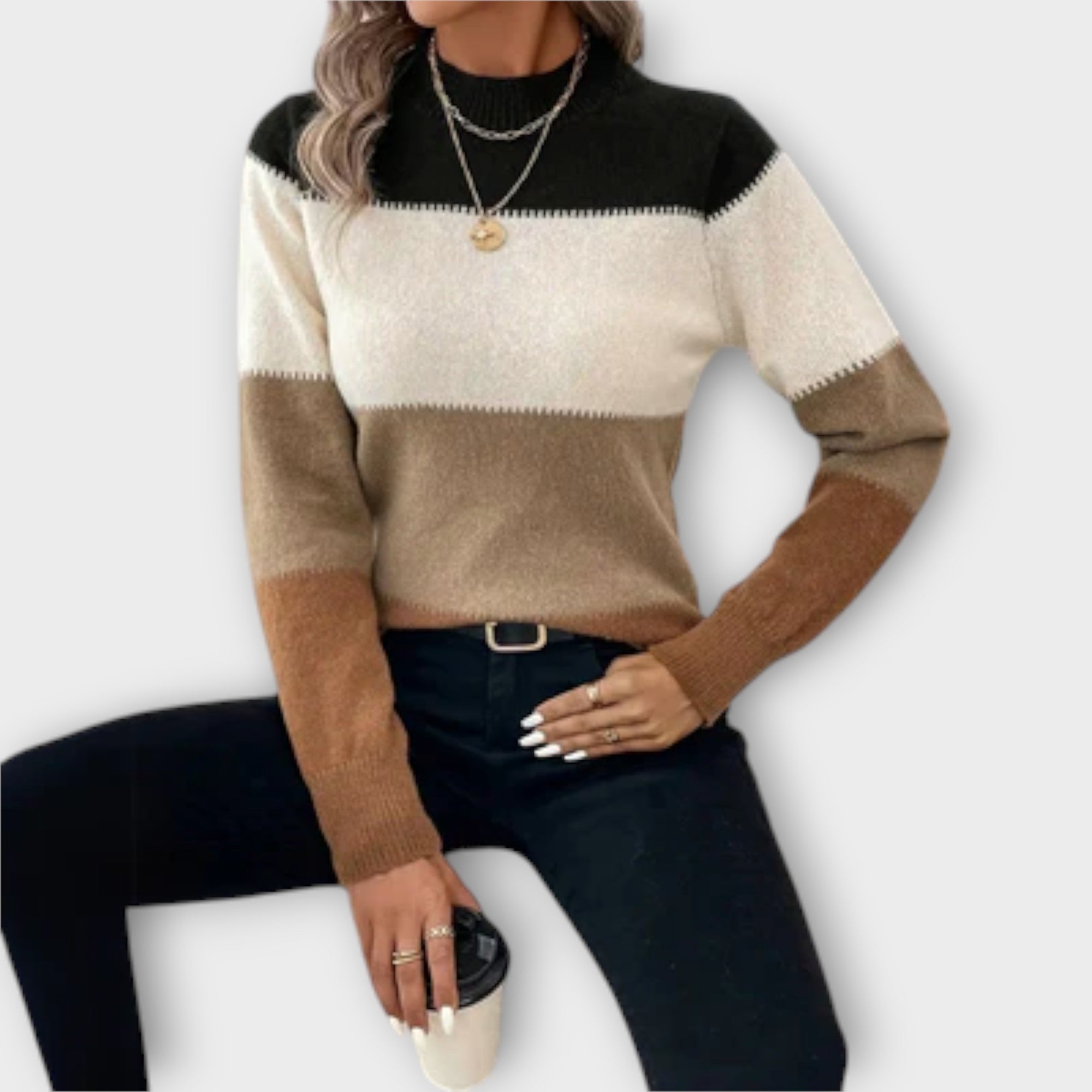 Dames Kleurblok Gebreide Trui – Zachte Lange Mouwen Pullover met Strepenpatroon