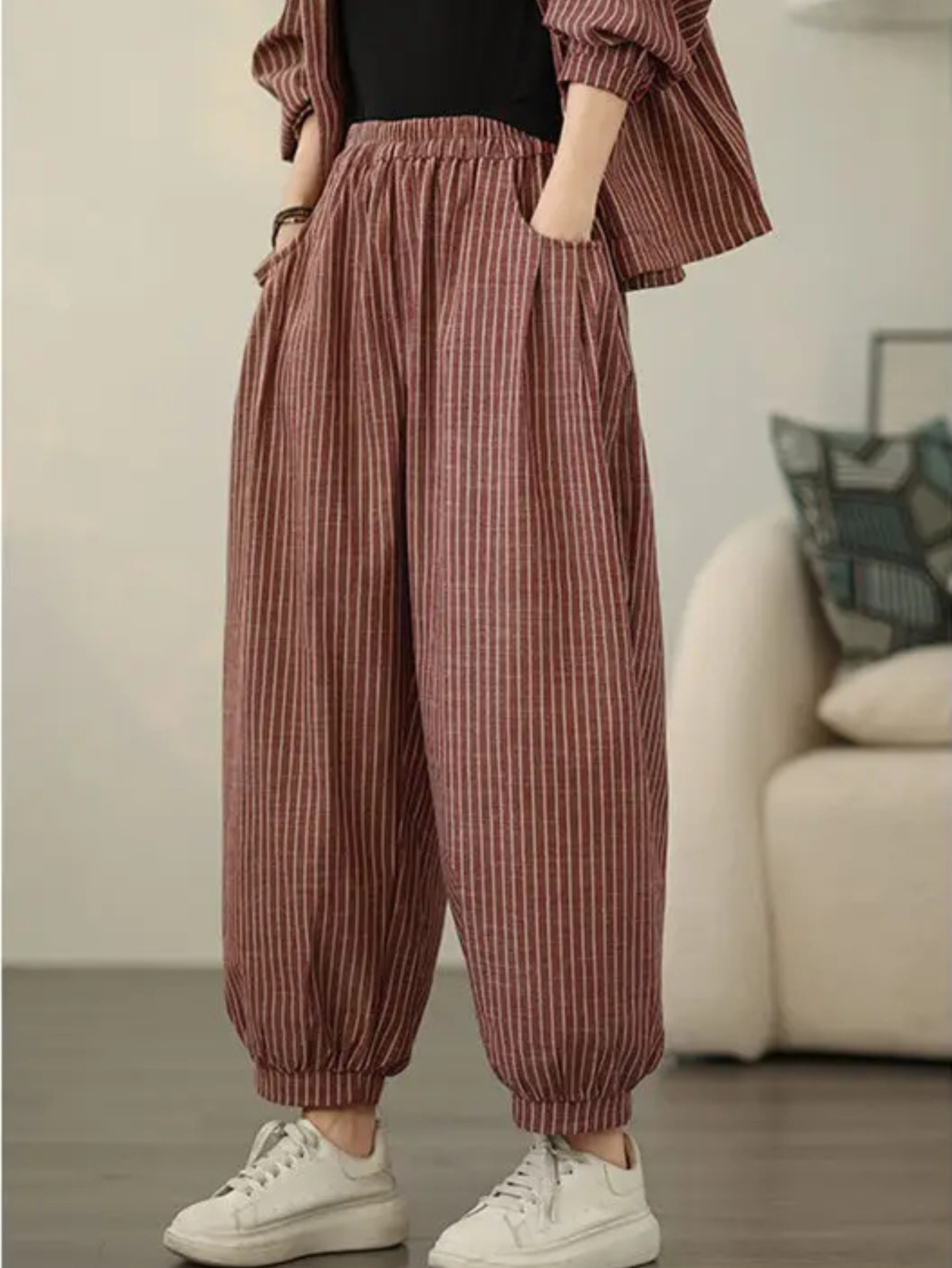 Stijlvolle Tweedelige Pinstripe Blazer & Wijd-Pijp Broek Set – Lichtgewicht Linnenmix voor Moeiteloze Dagelijkse Elegant