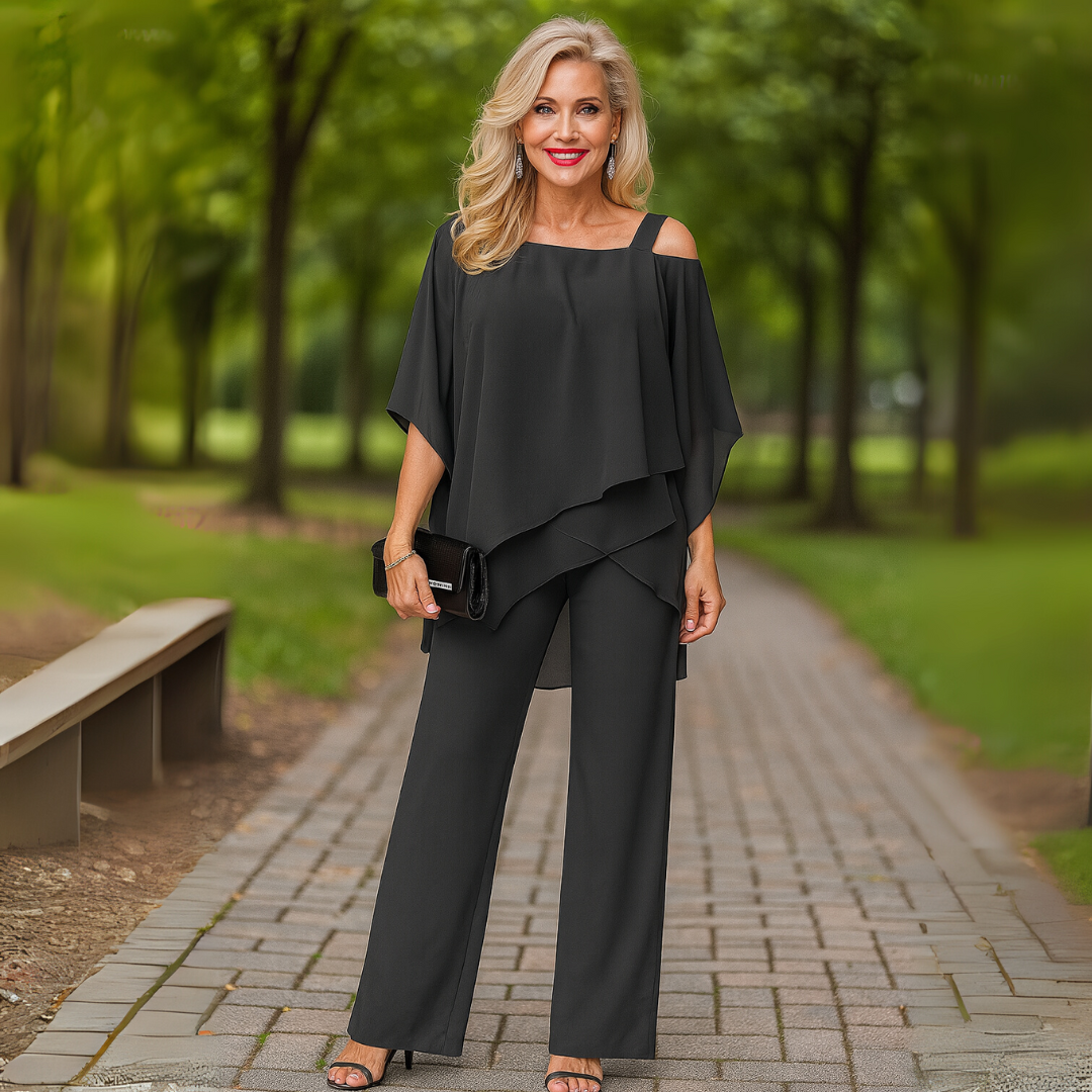 Elegante Tweedelige Jumpsuit met Cold Shoulder – Stijlvolle en Comfortabele Damesoutfit