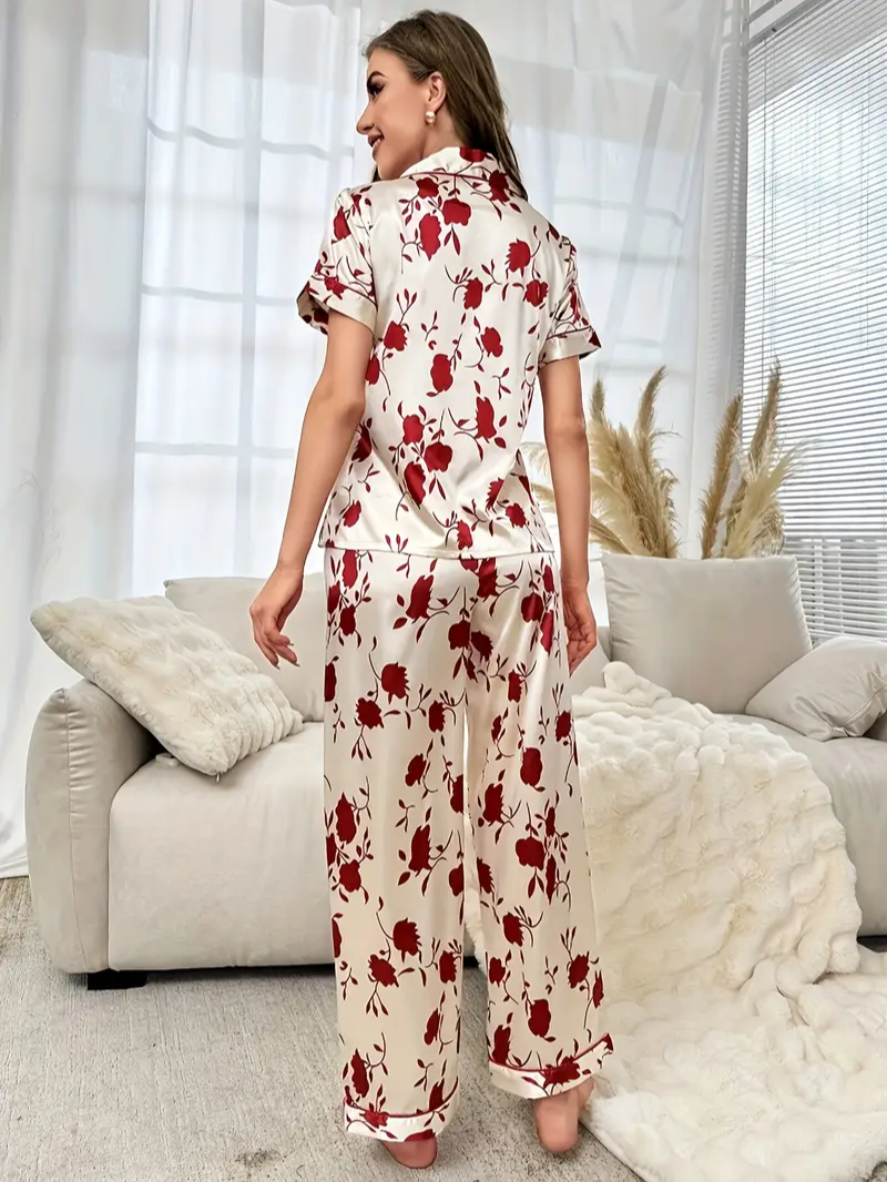 Luxe Satijnen Bloemenpyjama voor Dames – Zachte Korte Mouw Top & Comfortabele Broek