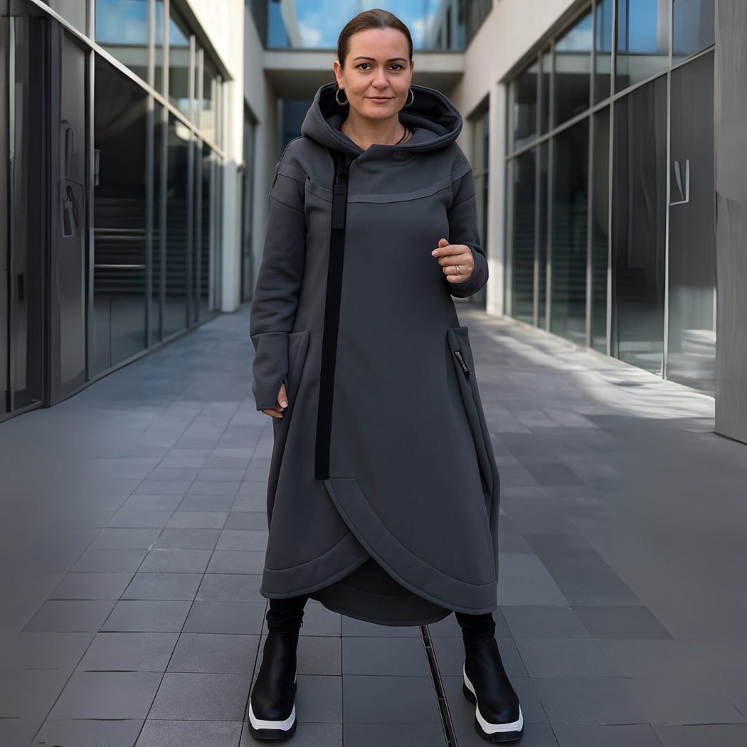 Hoodie Jurk met Lange Mouwen en Asymmetrische Zoom – Comfortabel & Stijlvol