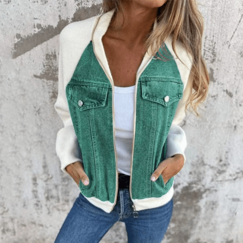 Dames Denim Splicing Jas – Trendy Mix van Stoffen, Comfortabel & Ideaal voor Lente en Herfst