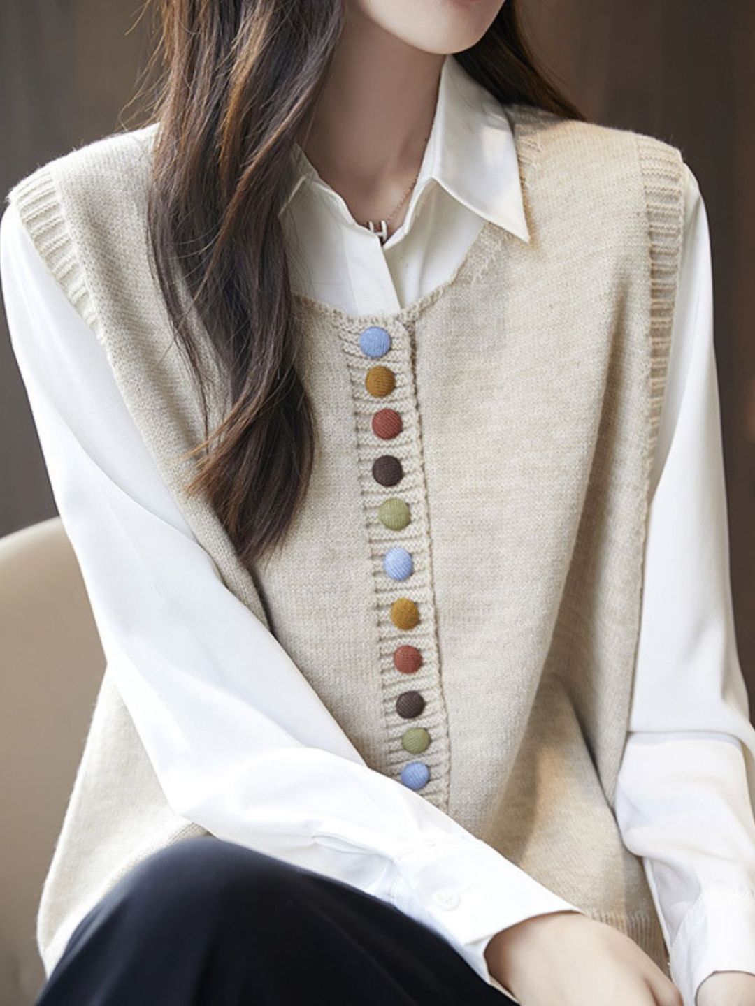 Dames Mouwloos Gebreid Sweater Vest – Losse Pasvorm Trui met Kleurrijke Knopen