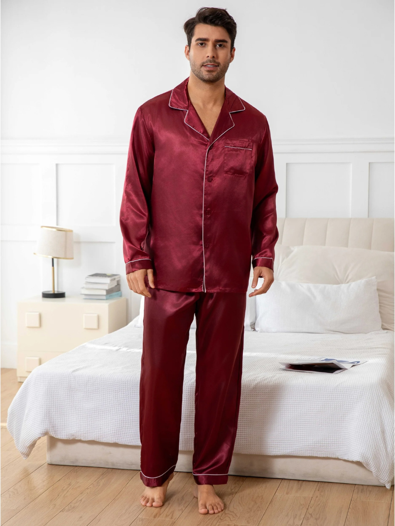 Heren Satijnlook Pyjama Set – Lichtgewicht Lange Mouw Nachtkleding voor Ultiem Comfort