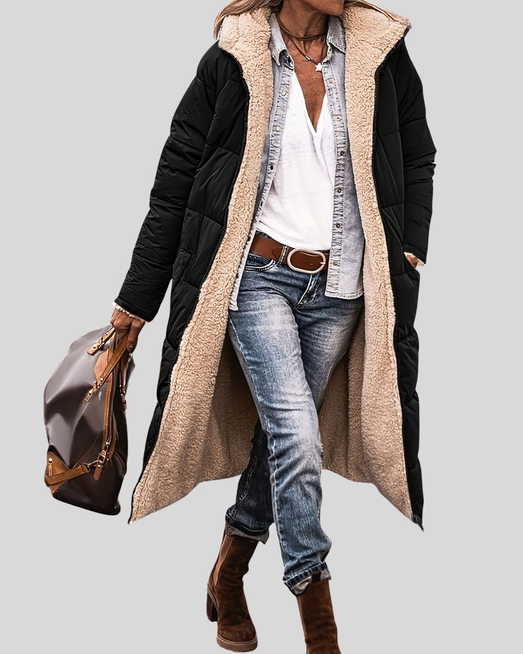 Lange Herfstjas met Warme Teddyvoering – Stijlvolle & Comfortabele Damesjas voor de Herfst
