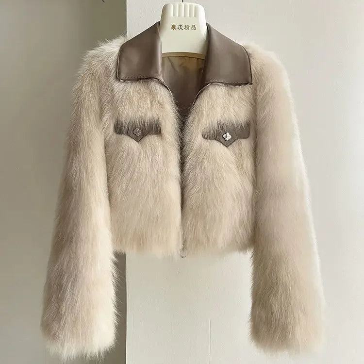 Faux Fur Cropped Jas – Luxe Damesjas met Nepbont, Leren Kraag & Moderne Pasvorm