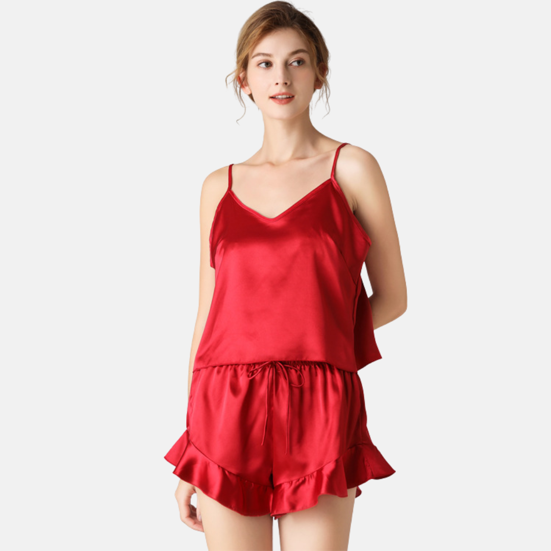 Dames Zijdezachte Pyjamaset – V-Hals Camisole & Shorts van Imitatiezijde voor Loungewear