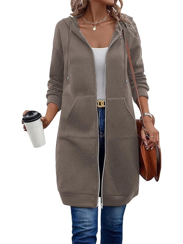 Knielange Dames Fleece Hoodie met Rits – Comfortabele Lange Sweatshirt met Zakken