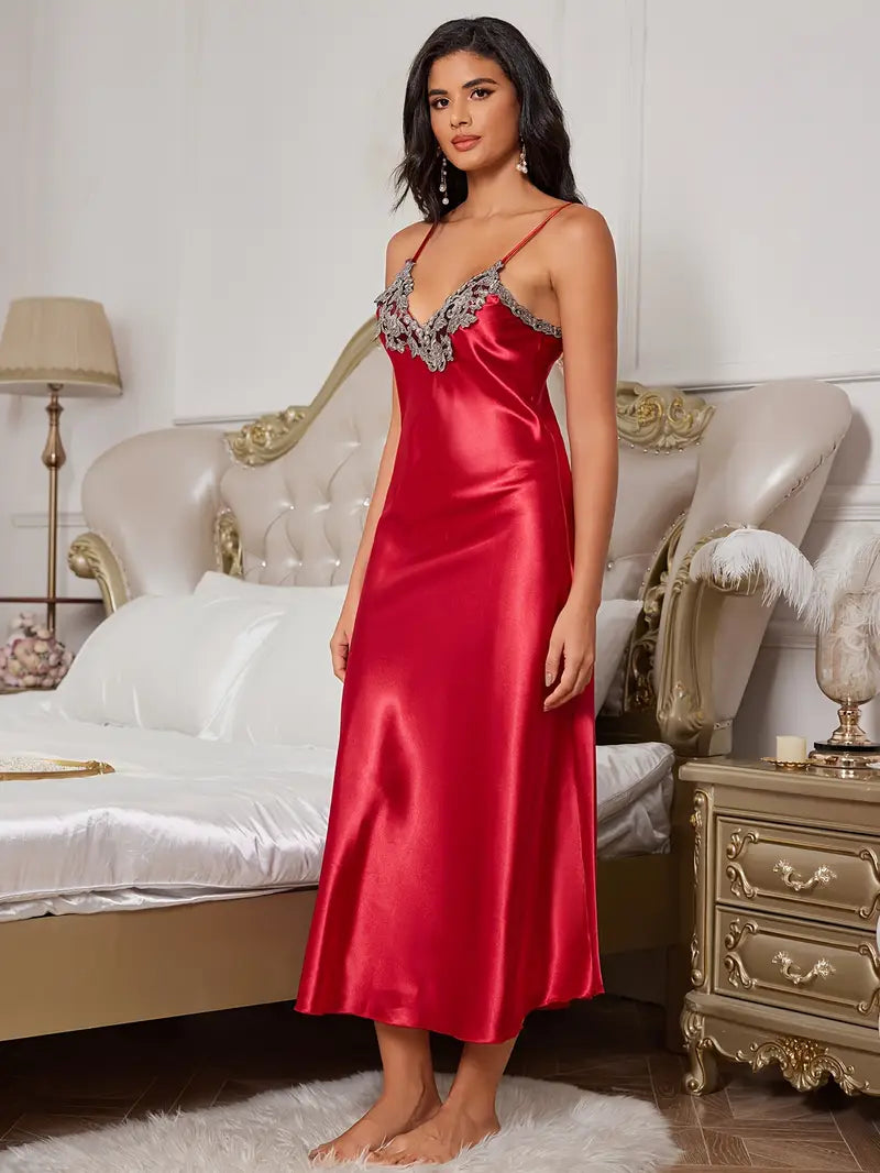 Arabella Elegant Faux Silky Maxi Nightgown with Lace Detailing