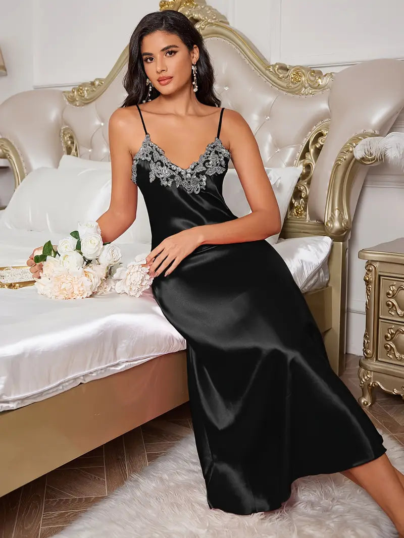 Arabella Elegant Faux Silky Maxi Nightgown with Lace Detailing