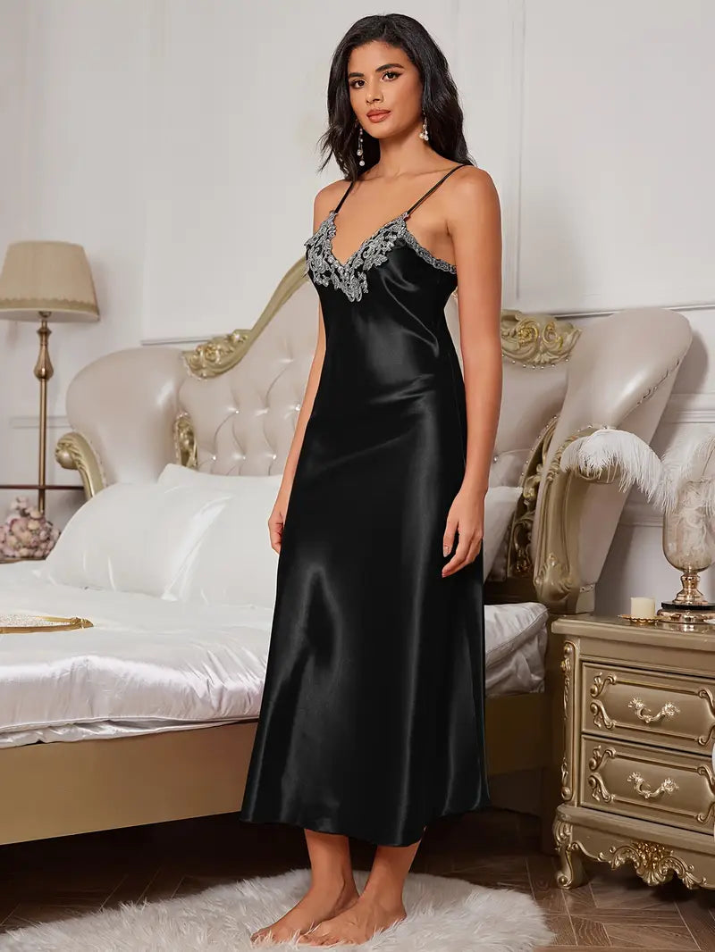 Arabella Elegant Faux Silky Maxi Nightgown with Lace Detailing