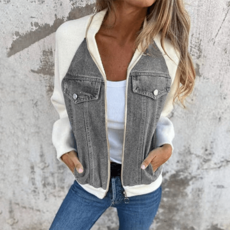 Dames Denim Splicing Jas – Trendy Mix van Stoffen, Comfortabel & Ideaal voor Lente en Herfst