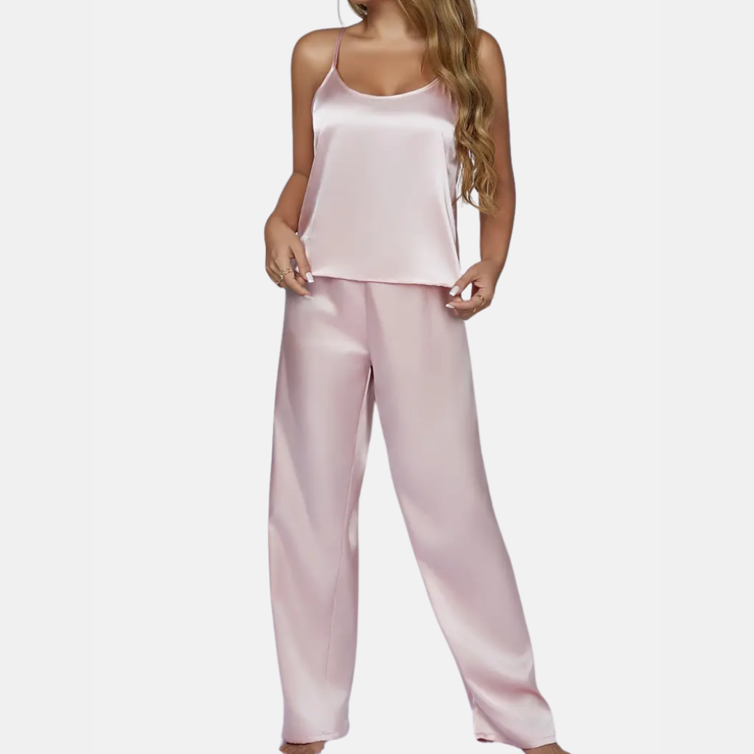Dames Zijdeachtige Pyjamaset – Effen Cami Top met Ronde Hals & Elastische Broek voor Dagelijks Comfort