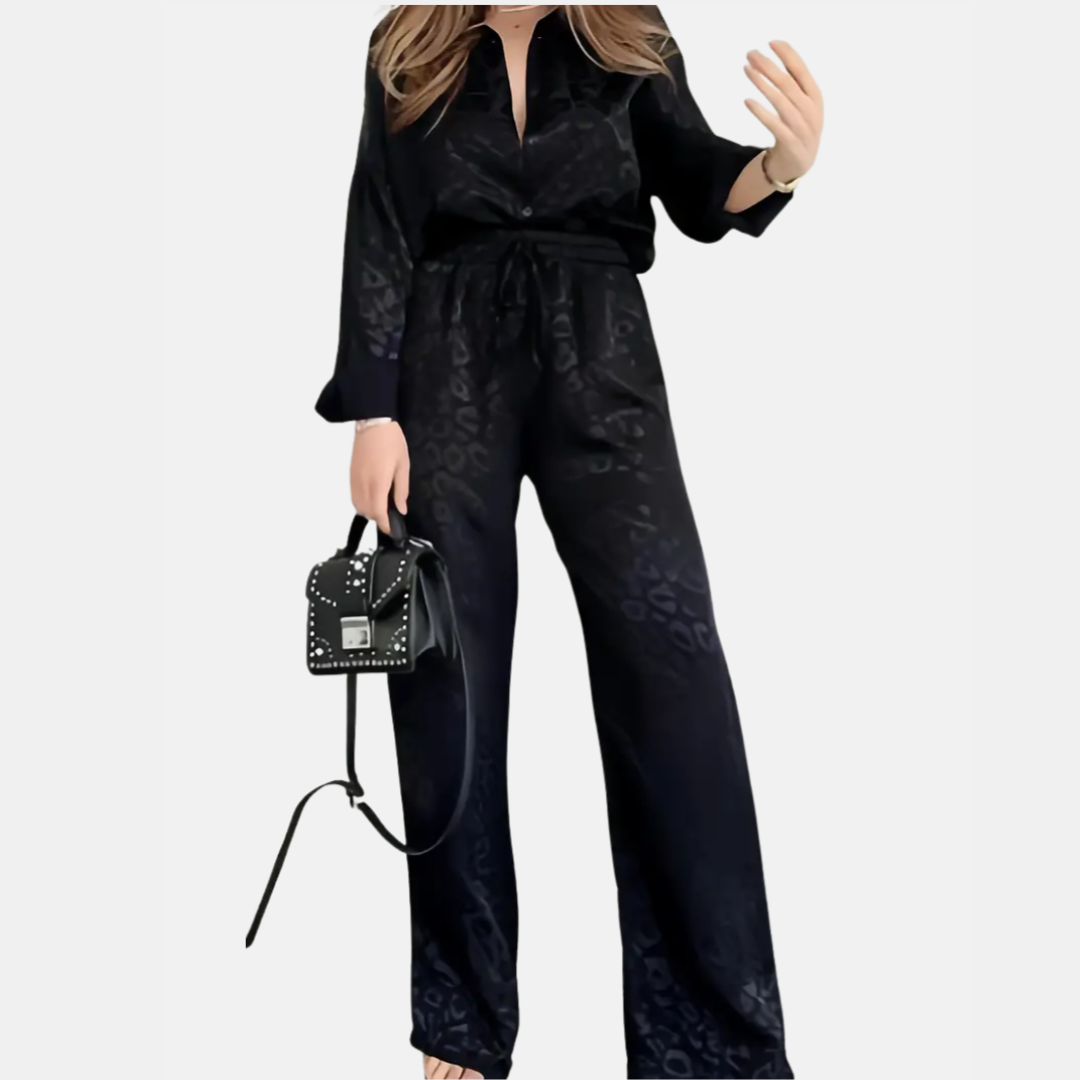 Elegante Satijnen Dames Pyjamaset – Blouse met Kraag & Wijde Pijpen Broek