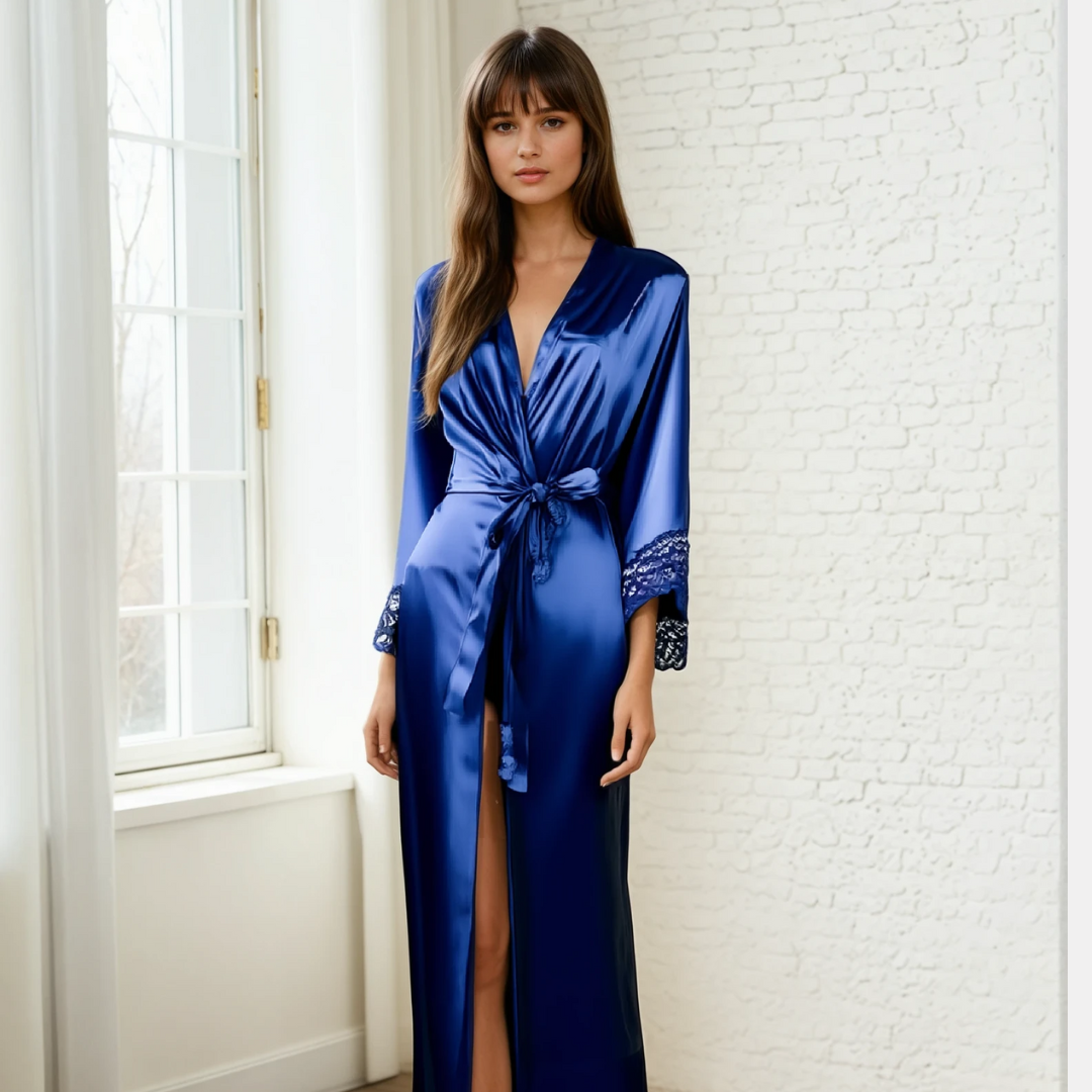 Luxe Zijde Satijn Kant Lange Badjas – Elegante Bruiloft, Bruidsmeisje & Lingerie Kamerjas voor Dames