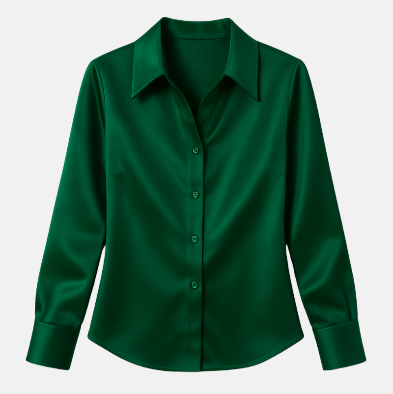 Groene Satijnen Blouse met Lange Mouwen – Elegante Damesblouse voor Lente en Herfst