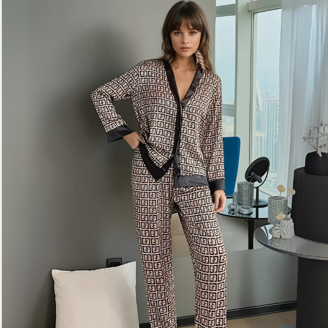 Dames IJszijde Pyjama Set – Satijnlook Loungewear met V-Hals Cardigan en Lange Mouwen – Lichtgewicht & Ademend
