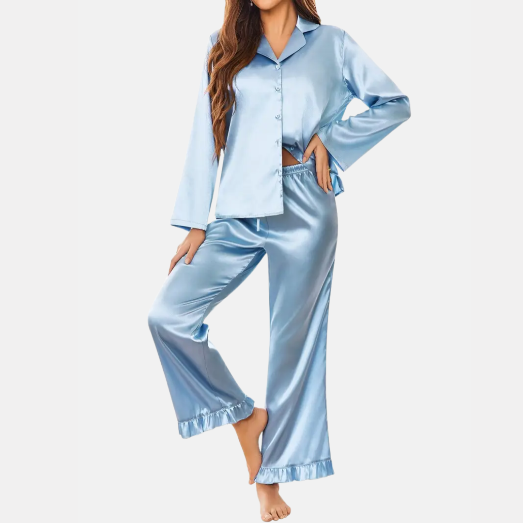 Zachte Satijnen Dames Pyjama Set – 2-Delige Loungewear met Lange Mouwen & Knoopsluiting