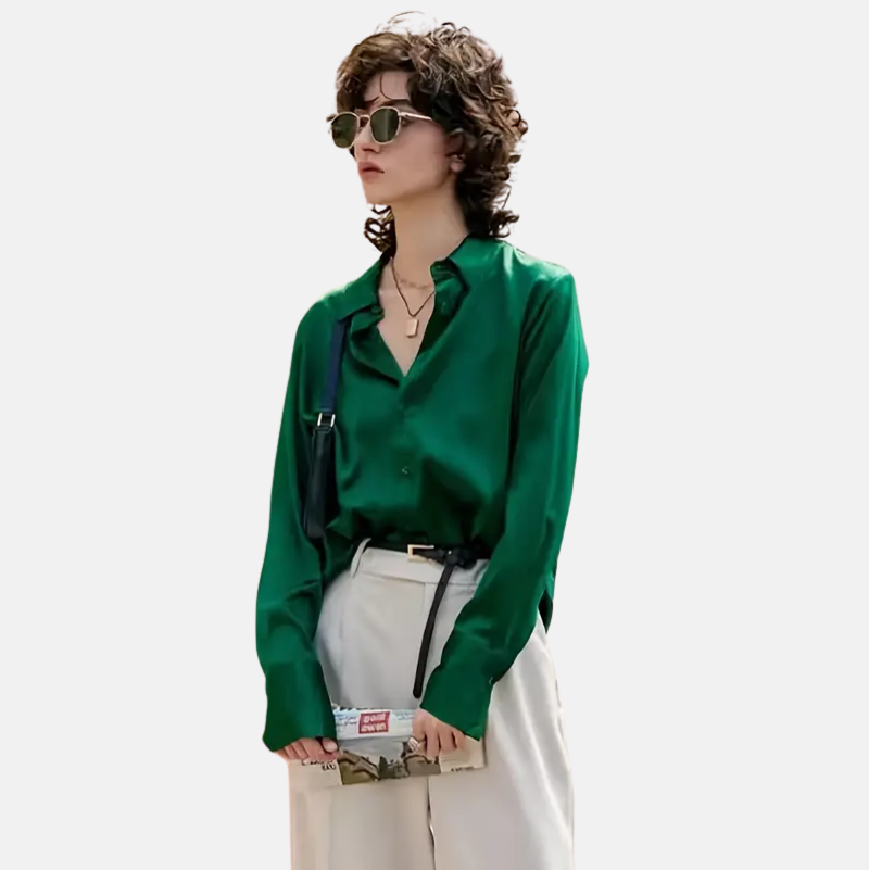 Groene Satijnen Blouse met Lange Mouwen – Elegante Damesblouse voor Lente en Herfst