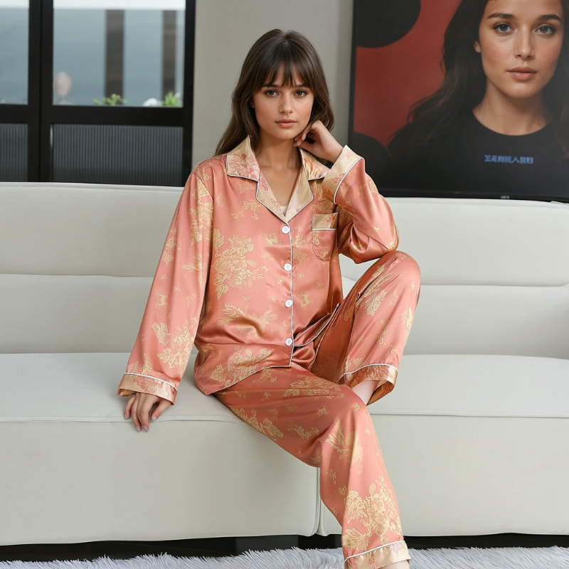 Dames IJszijde Pyjama Set – Zomer Loungewear met Lange Mouwen en Broek in Imitatiezijde