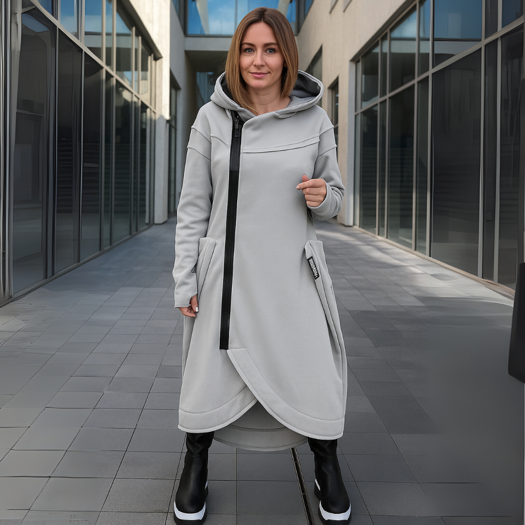 Hoodie Jurk met Lange Mouwen en Asymmetrische Zoom – Comfortabel & Stijlvol