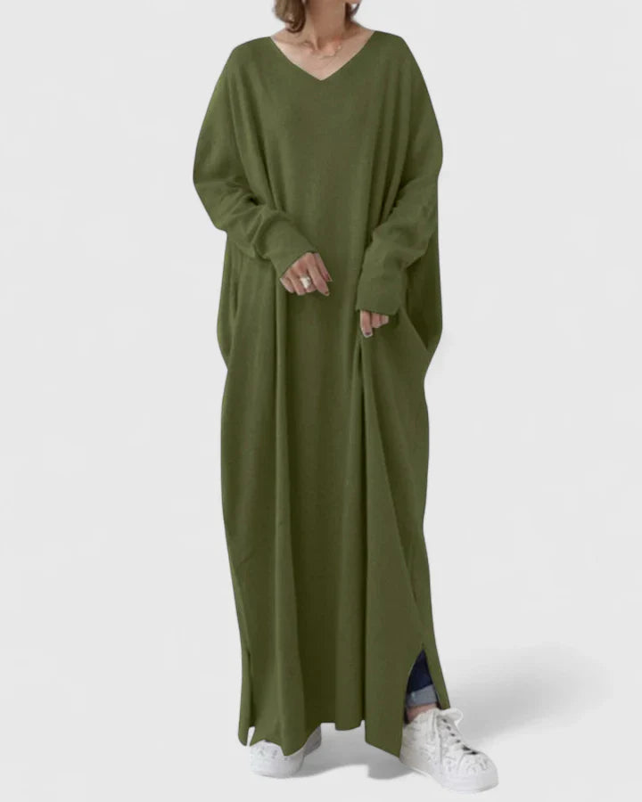 Comfortabele Lange Mouwen V-Hals Jurk – Luchtig, Minimalistisch & Elegante Dagelijkse Stijl