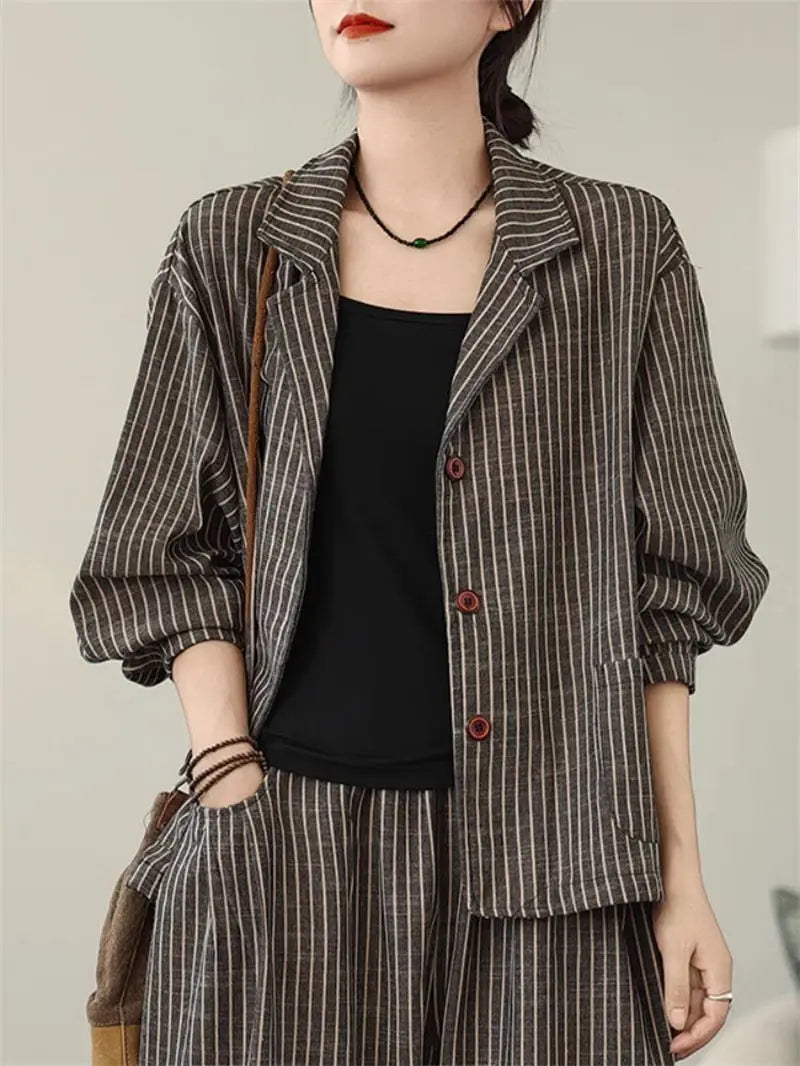 Stijlvolle Tweedelige Pinstripe Blazer & Wijd-Pijp Broek Set – Lichtgewicht Linnenmix voor Moeiteloze Dagelijkse Elegant