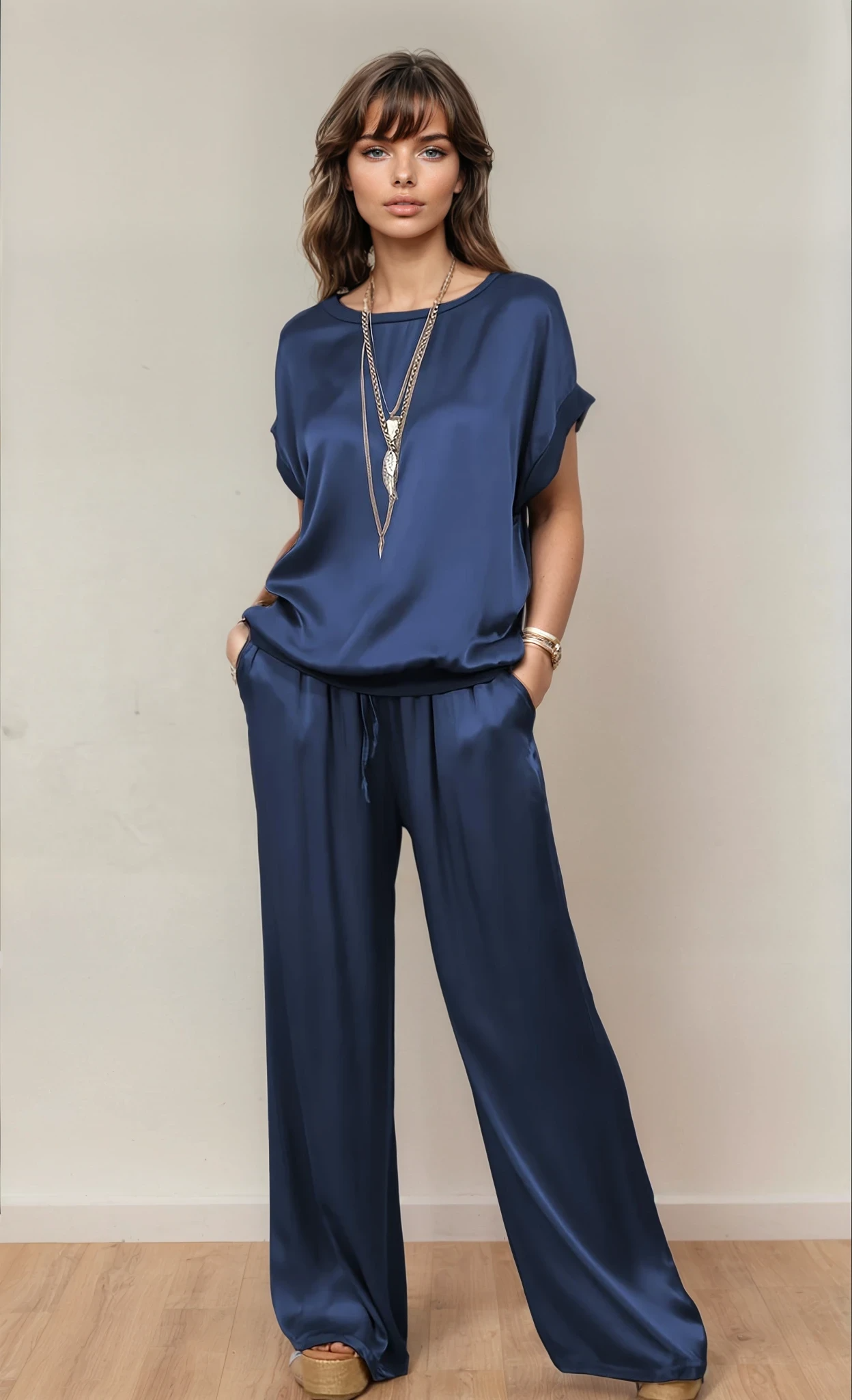 Elegante Blauwe Dames Loungewear Set – Casual Korte Mouwen & Wijde Broek met Zakken