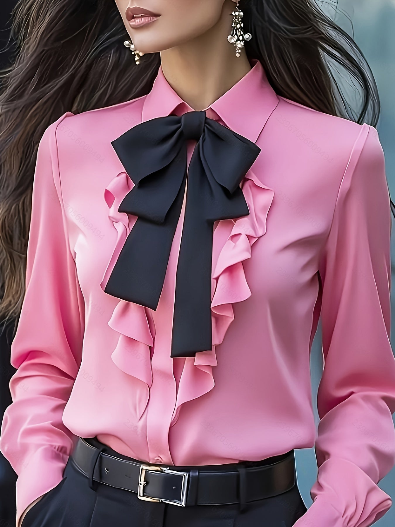 Langsleeve Blouse Met Knoopsluiting En Gerimpelde Strik – Elegante Damesblouse Voor Zakelijk & Casual