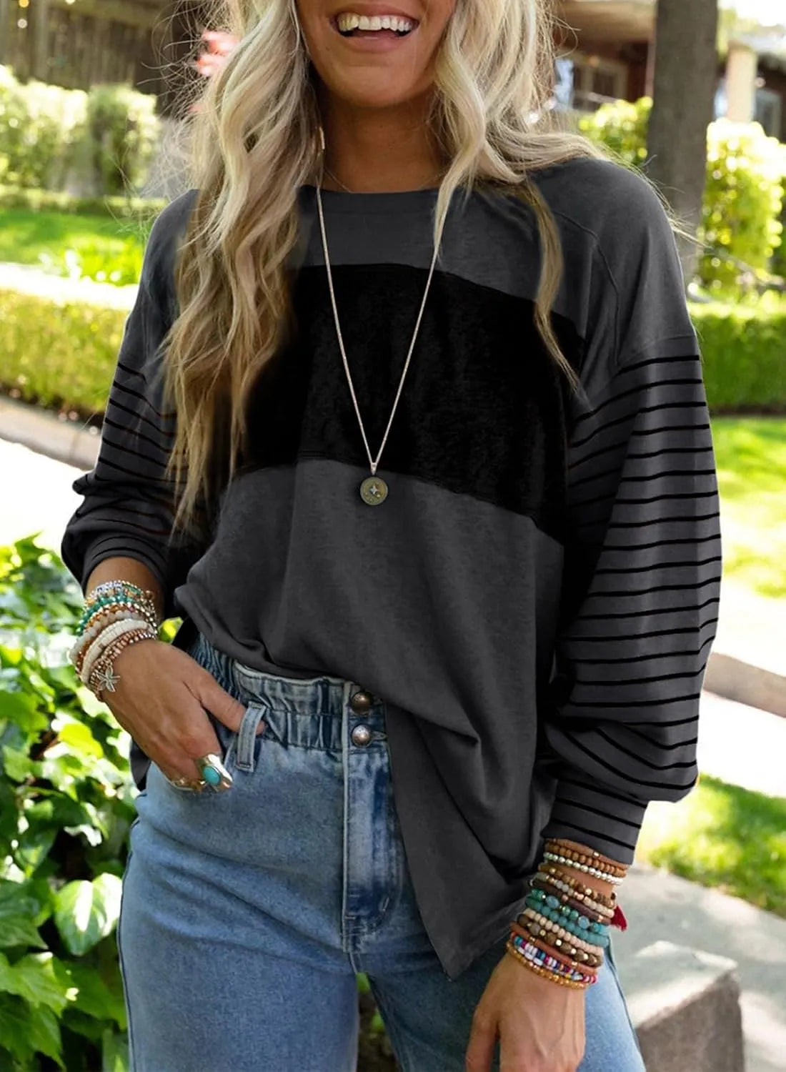 Oversized Colorblock Tuniek met Lange Mouwen – Casual Top met Gestreepte Mouwen