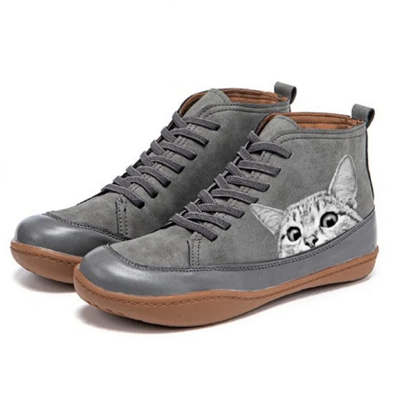 Leren Stiefeletten voor Kattenliefhebbers Dames – Warm, Comfortabel & Uniek Design