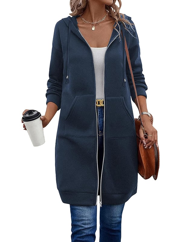 Knielange Dames Fleece Hoodie met Rits – Comfortabele Lange Sweatshirt met Zakken